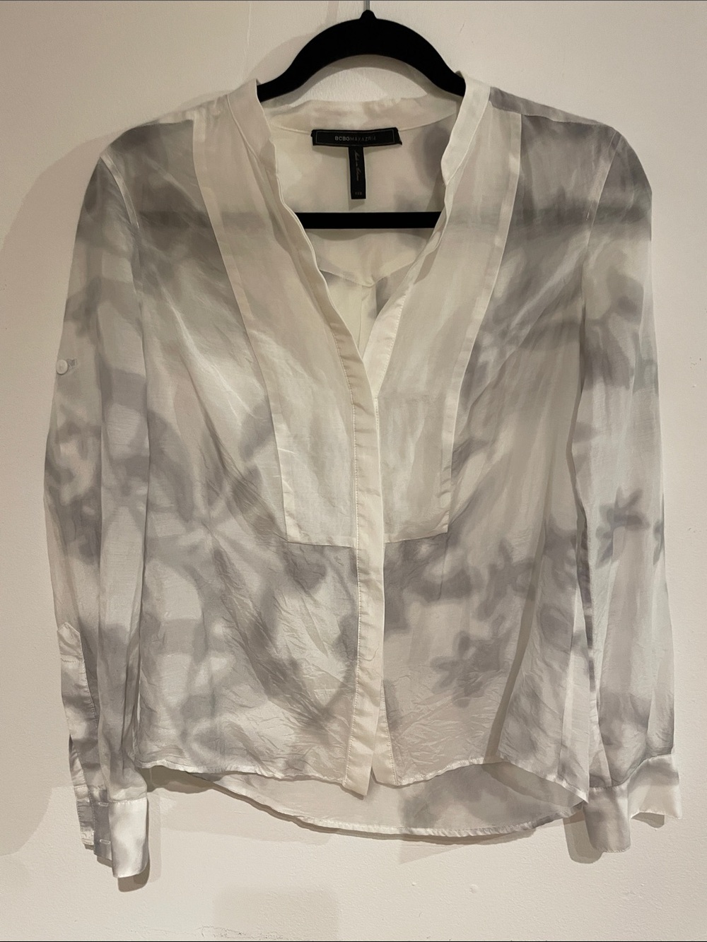 BCBGMaxAzria White Sheer Blouse with Gray Floral Print
